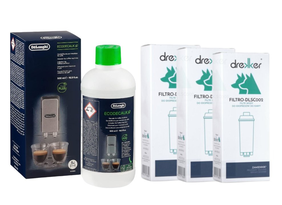 Zestaw 3 filtrów Drekker FILTRO-DLSC002 - zamiennik do DeLonghi DLS C002 + Odkamieniacz DeLonghi Eco Decalk DLSC500