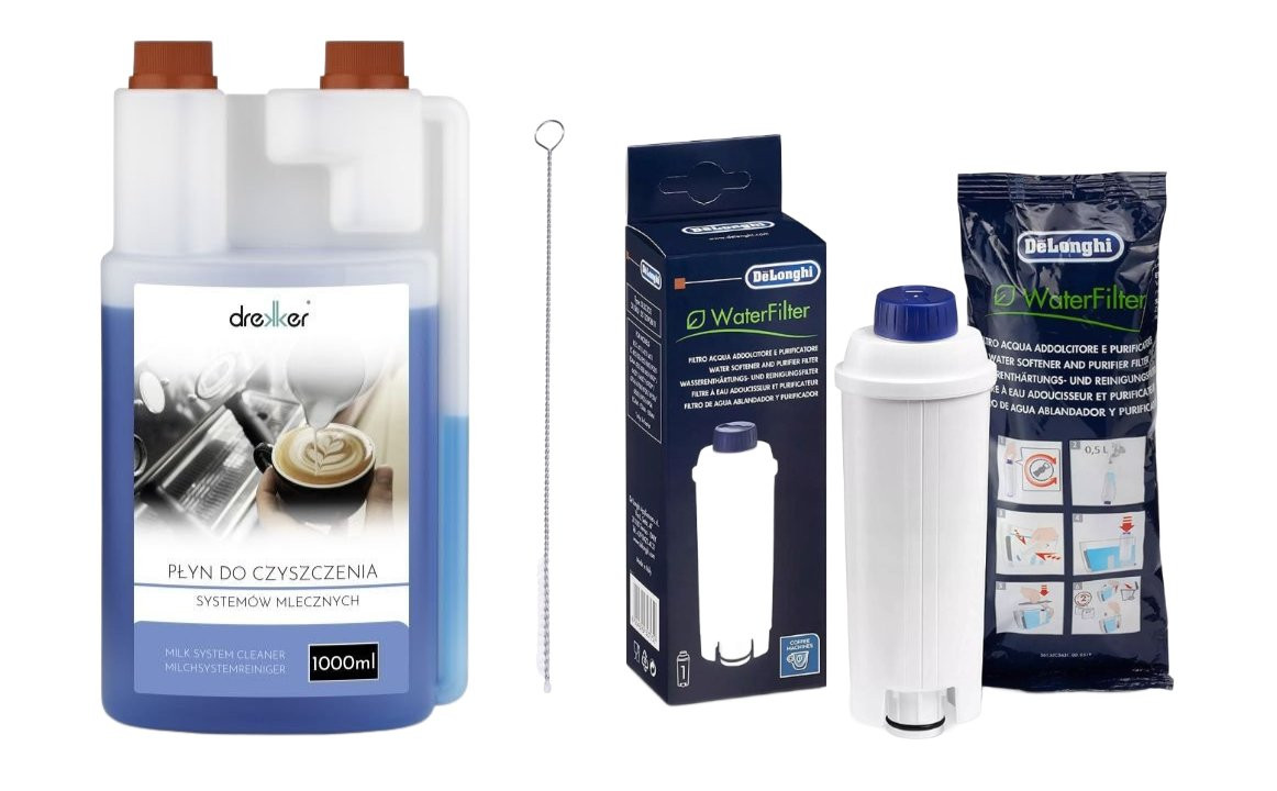Zestaw Filtr DeLonghi DLS C002 oryginalny + Płyn do usuwania osadów mleka Drekker 1000ml + szczoteczka