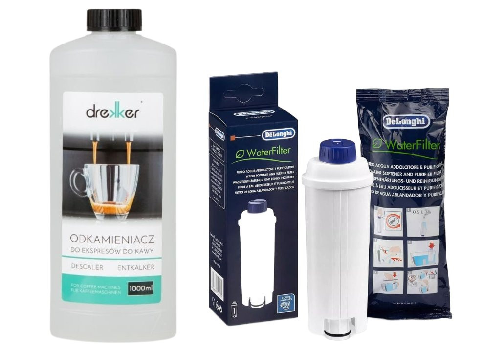 Zestaw filtr DeLonghi DLS C002 + Odkamieniacz do ekspresu do kawy 1000ml - Drekker DEC-1000