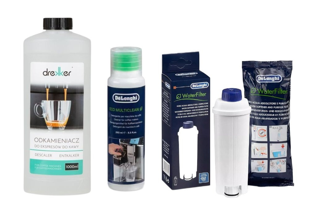 Zestaw Filtr DeLonghi DLS C002 + DeLonghi  DLSC550 - Środek czyszczący + Odkamieniacz do ekspresu do kawy 1000 ml drekker