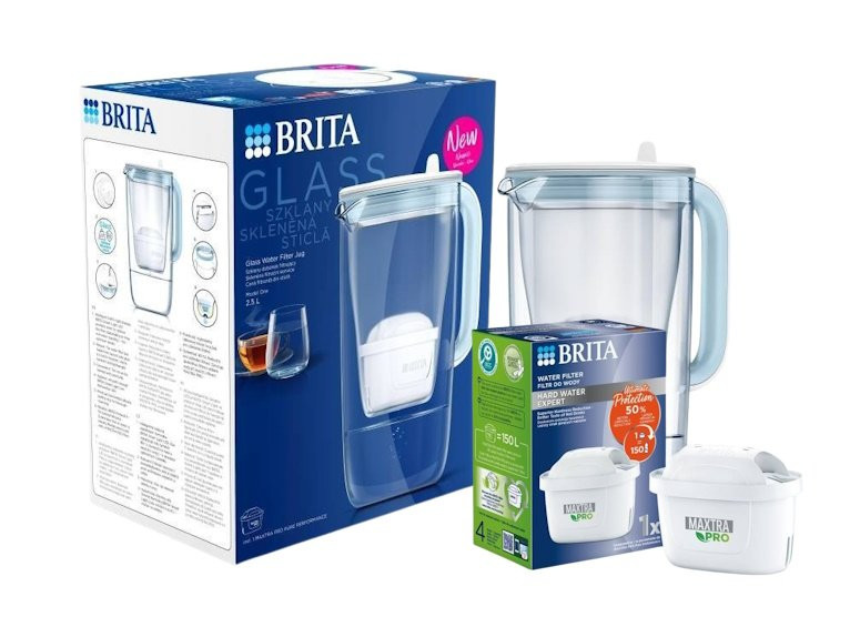 Szklany dzbanek Brita Glass 2,5L niebieski zestaw z 2 filtrami Maxtra Pro