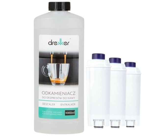 Zestaw 3 filtrów Drekker FILTRO-DLSC002 - zamiennik do DeLonghi DLS C002, SER3017 + odkamieniacz drekker 1000ml