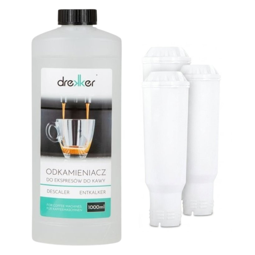 Zestaw 3 filtrów Drekker FILTRO-CLARIS - Filtr zamiennik do Bosch/Krups/Nivona/Melitta + odkamieniacz drekker 1000ml