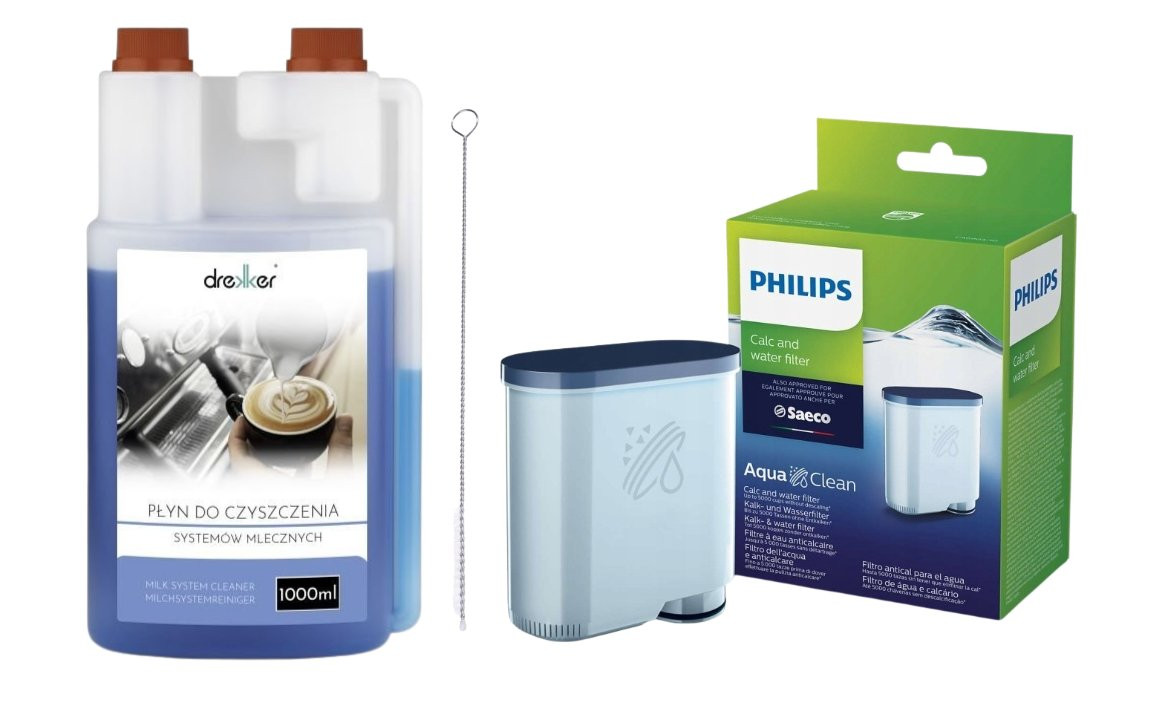 Zestaw filtr Philips Saeco AquaClean CA6903/10 oryginalny + Płyn do usuwania osadów mleka Drekker 1000ml + szczoteczka