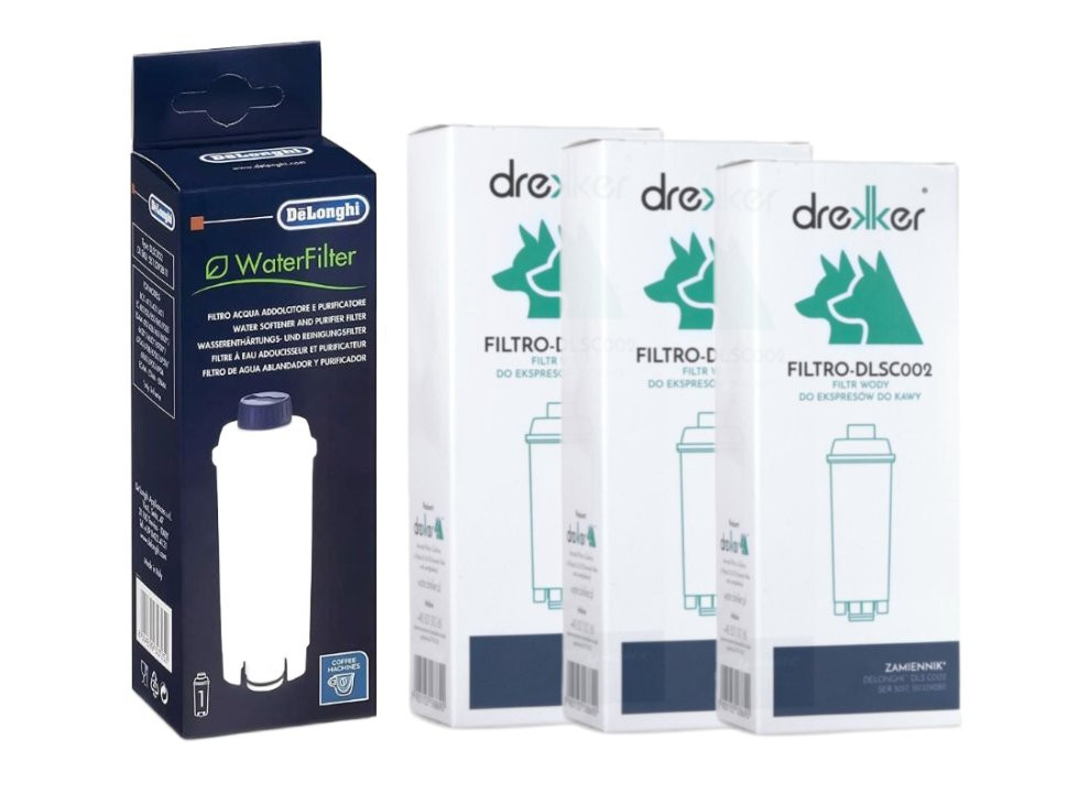 Zestaw 3 filtrów Drekker FILTRO-DLSC002 - zamiennik do DeLonghi DLS C002 + Filtr DeLonghi DLS C002 do ekspresu oryginalny