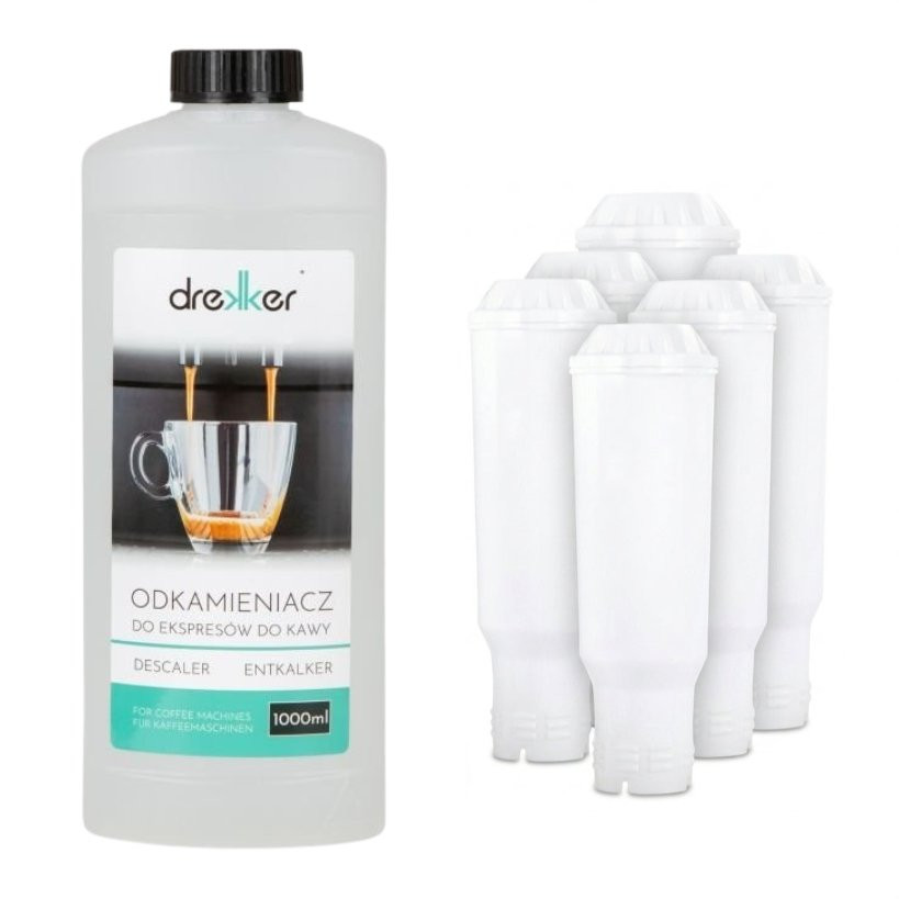 Zestaw 6 filtrów Drekker FILTRO-CLARIS - Filtr zamiennik do Bosch/Krups/Nivona/Melitta + odkamieniacz drekker 1000ml