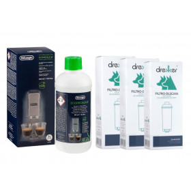 Zestaw 3 filtrów Drekker FILTRO-DLSC002 - zamiennik do DeLonghi DLS C002 + Odkamieniacz DeLonghi Eco Decalk DLSC500 