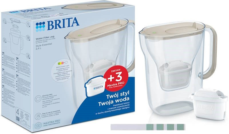 Dzbanek filtrujący Brita Style Essential 2,4L piaskowy z 3 filtrami Brita MAXTRA PRO Pure Performance + tester twardości wody GRATIS